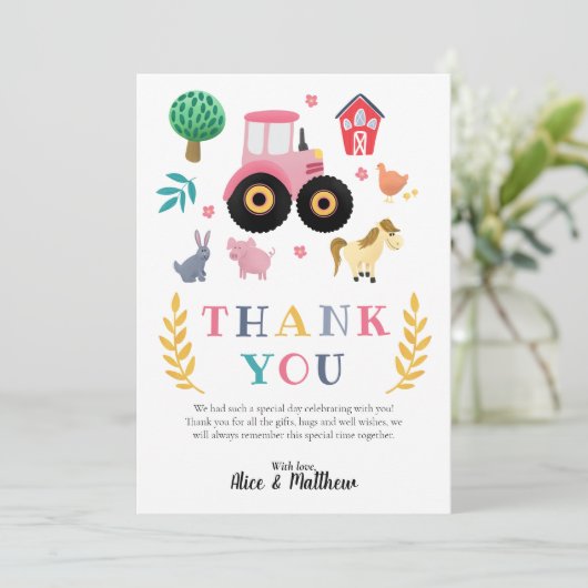 Meisjes boerendieren Roze Roze Rustische Baby show Bedankkaart (Staand voorkant)