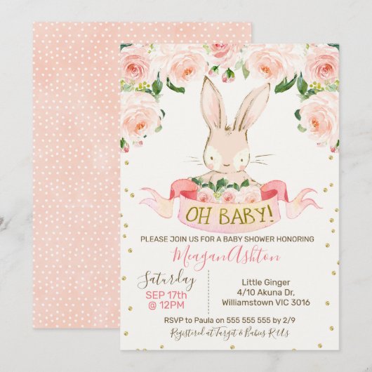 Meisjes Bunny Rabbit Baby shower Kaart (Voorkant / Achterkant)