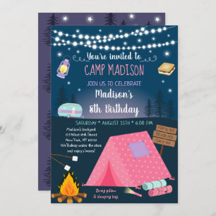 Meisjes Camping S'mores Sleepover Birthday Invitat Kaart