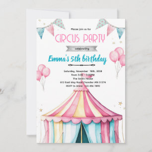 Meisjes circus feest thema uitnodiging