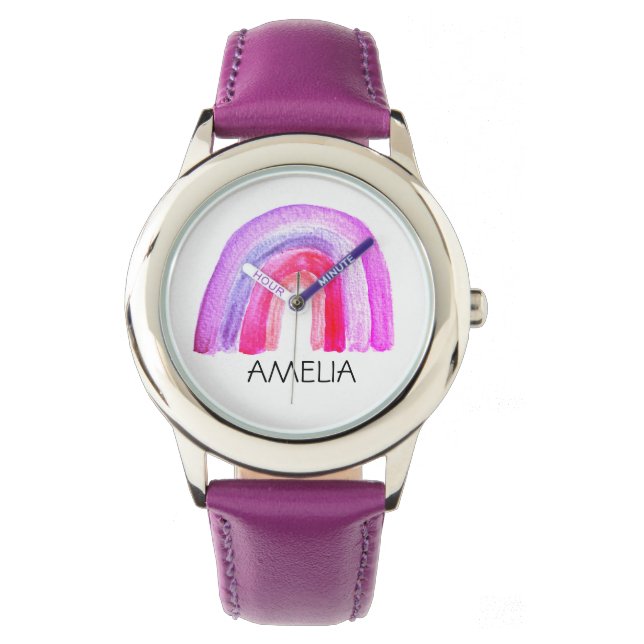 Meisjes Cute Boho Waterverf Rainbow en naam Horloge (Voorkant)