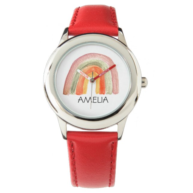Meisjes Cute Boho Waterverf Rainbow en naam Horloge (Voorkant)