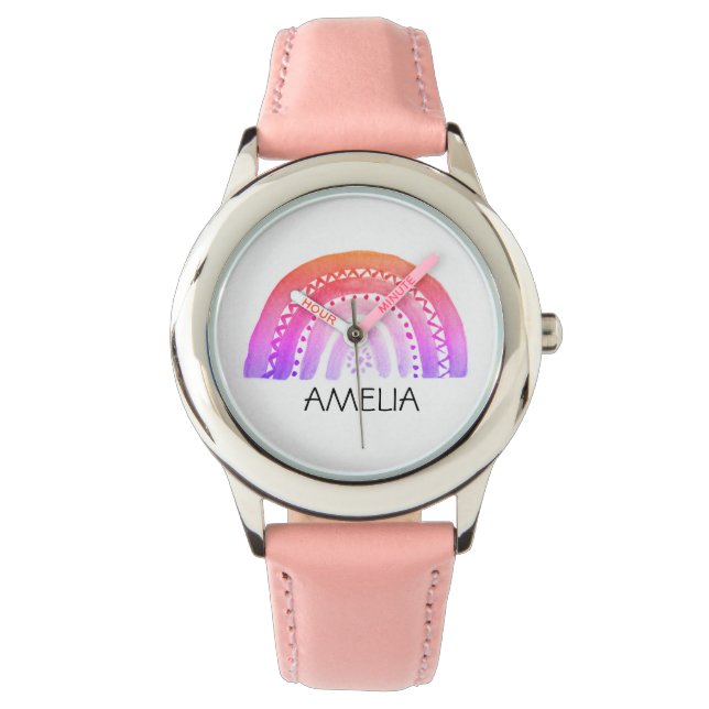 Meisjes Cute Boho Waterverf Rainbow en naam Horloge (Voorkant)
