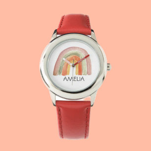 Meisjes Cute Boho Waterverf Rainbow en naam Horloge