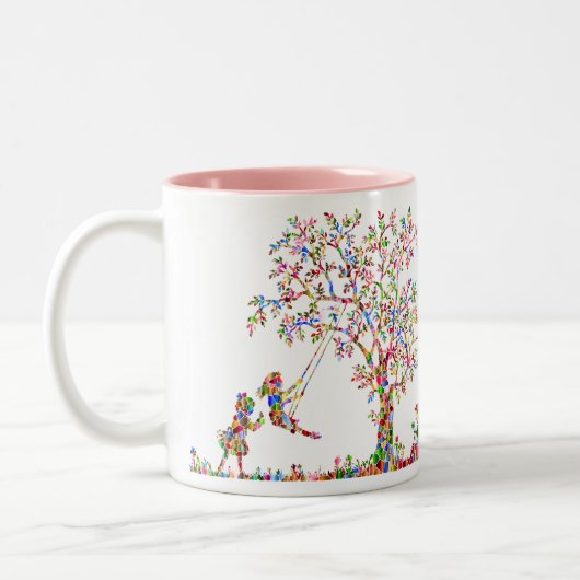 Meisjes die aan het zwaaien zijn tweekleurige koffiemok (Links)