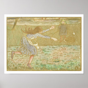 Meisjes die Tennis afspelen van 'Woodcuts in Line Poster