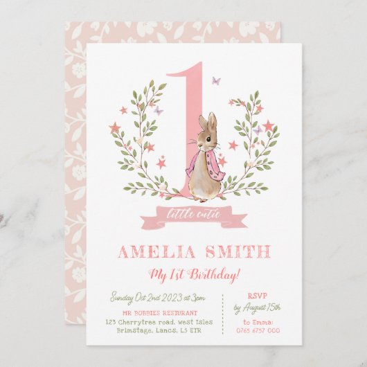 Meisjes eerste verjaardag uitnodigen, Peter konijn Kaart (Voorkant / Achterkant)