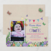 Meisjes eerste vlindertuin op verjaardagsuitnodigi kaart (Voorkant / Achterkant)