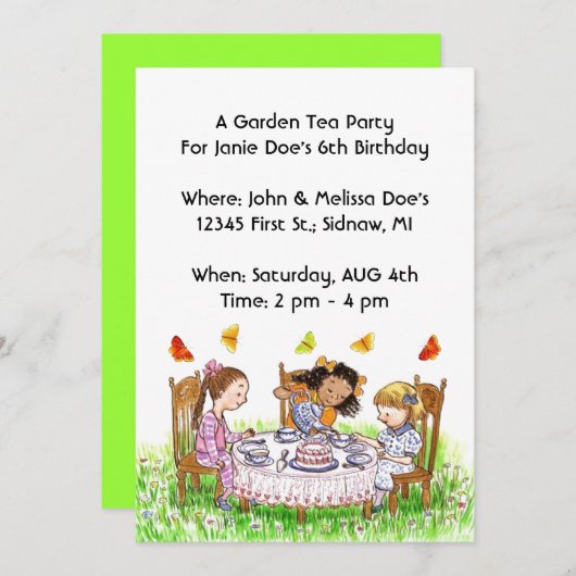 Meisjes en Butterflies Tea Party Garden Invitation Kaart (Voorkant / Achterkant)