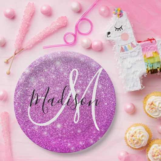 Meisjes en Glam Paars Glitter Sparkles Monogram Papieren Bordje (Feest)