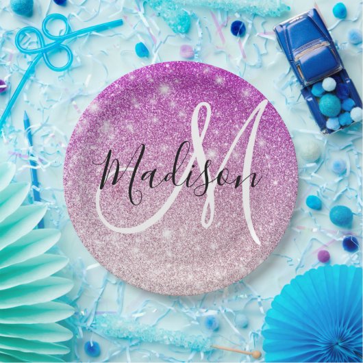 Meisjes en Glam Paars Glitter Sparkles Monogram Papieren Bordje (Feest)
