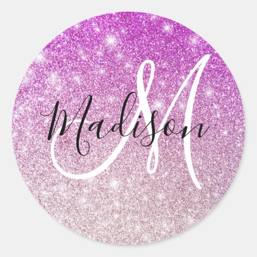 Meisjes en Glam Paars Glitter Sparkles Monogram Ronde Sticker (Voorkant)