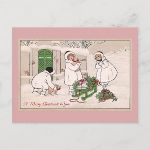 Meisjes en huisdieren Vintage Kerstmis Feestdagenkaart