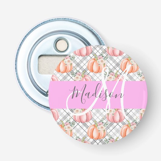 Meisjes Floral Gray Pink Peach Monogram Button Flesopener (Voorkant)