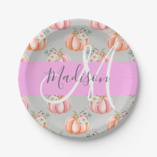 Meisjes Floral Gray Pink Peach Monogram Papieren Bordje
