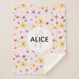 Meisjes Floral Pink Flower & Name Monogram Kinder Sherpa Deken