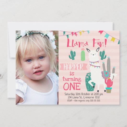 Meisjes Foto Llama Fun Birthday Invitation Kaart (Voorkant)
