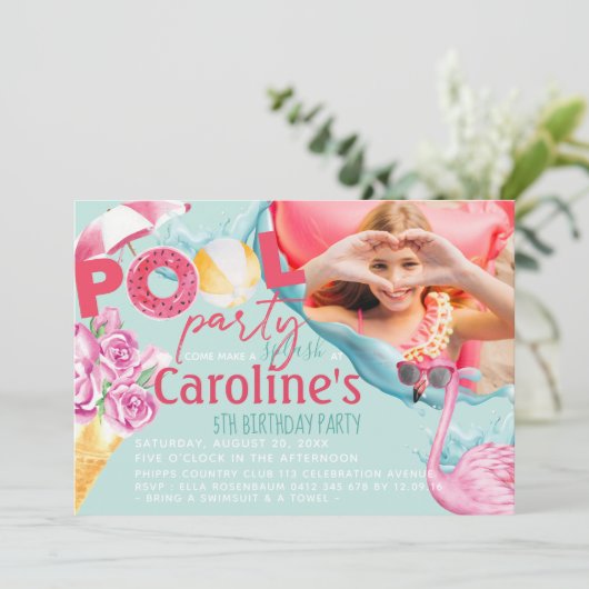 Meisjes Foto Pool Party Verjaardag Kaart (Staand voorkant)