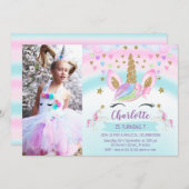 Meisjes Foto Roze Bow Eenhoorn Verjaardag Uitnodig Kaart (Voorkant / Achterkant)