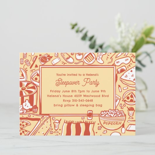 Meisjes Geel Rood Sleepover Verjaardagsfeest Kaart (Staand voorkant)