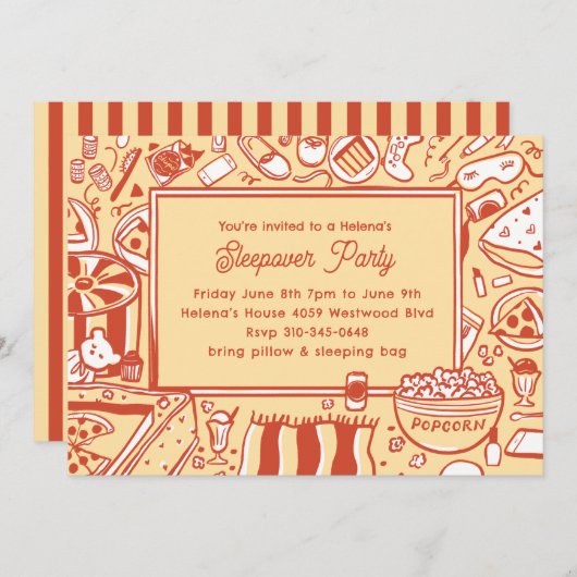 Meisjes Geel Rood Sleepover Verjaardagsfeest Kaart (Voorkant / Achterkant)