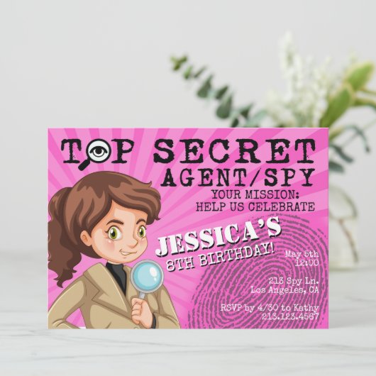 Meisjes geheime agent Spy Birthday Party Invitatio Kaart (Staand voorkant)