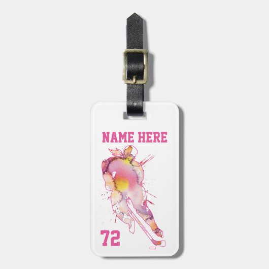 Meisjes Gepersonaliseerde Hockey Player Waterverf Bagagelabel (Voorkant verticaal)
