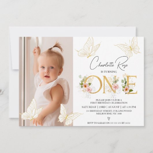 Meisjes Goud Roze Vlinders Bloemen 1e Verjaardag Kaart (Voorkant)