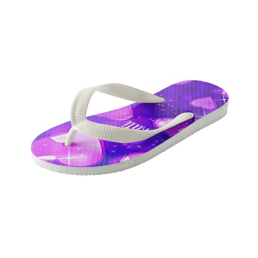 Meisjes Harten & Sparkles Paarse Wit Gepersonalise Kinder Teenslippers (Schuin)