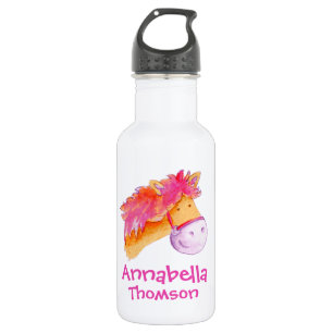 Meisjes id pony roze sinaasappel en witte drinken  waterfles 