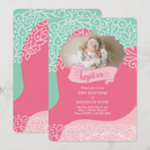 Meisjes in Roze en Zee Groen met foto Baptisme Kaart (Voorkant / Achterkant)