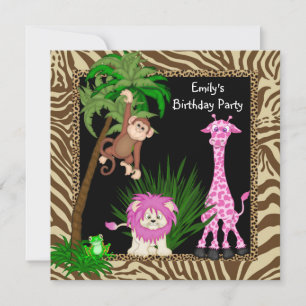 Meisjes Jungle Safari Verjaardagsfeest Uitnodiging