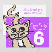Meisjes kitten paarse uitnodiging (Voorkant / Achterkant)