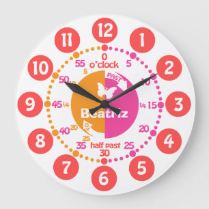 Meisjes leren tijd roze rode oranje naamklok grote klok