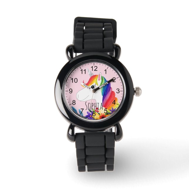 Meisjes Leuke Magische Regenboog Eenhoorn en Naam  Horloge (Voorkant)