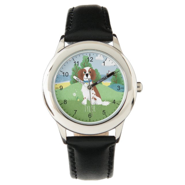 Meisjes Leuke Springer Spaniël Hond met Naam Kinde Horloge (Voorkant)