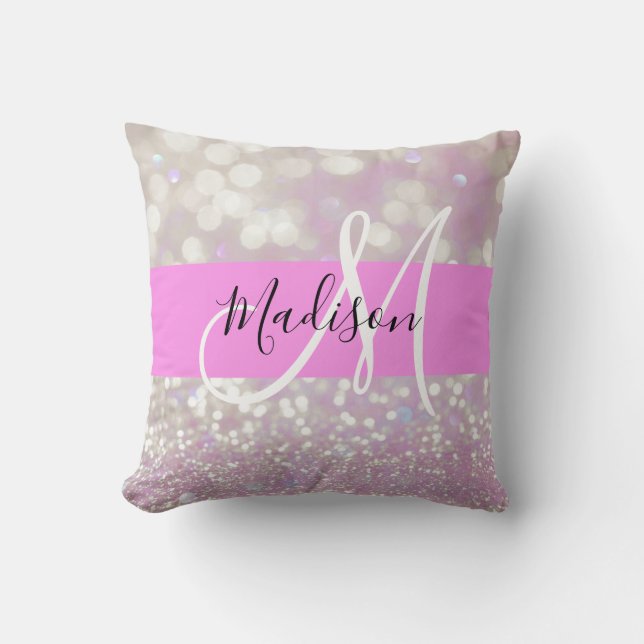 Meisjes Lila Shimmer Glitter Sparkles Monogram Kussen (Voorkant)