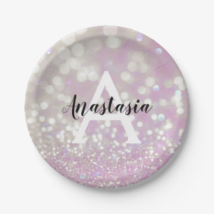 Meisjes Lila Shimmer Glitter Sparkles Monogram Papieren Bordje