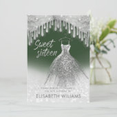 Meisjes met kerkjurk druppelt zilverglittergroen o kaart (Staand voorkant)