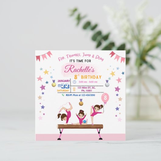 Meisjes met tumbling Gymnastiek Birthday Party Inv Kaart (Staand voorkant)