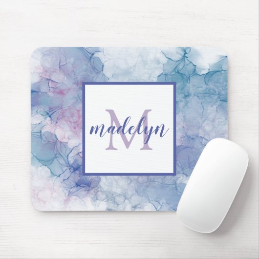 Meisjes Modern Blue Roze Waterverf Monogram Naam Muismat (Met muis)