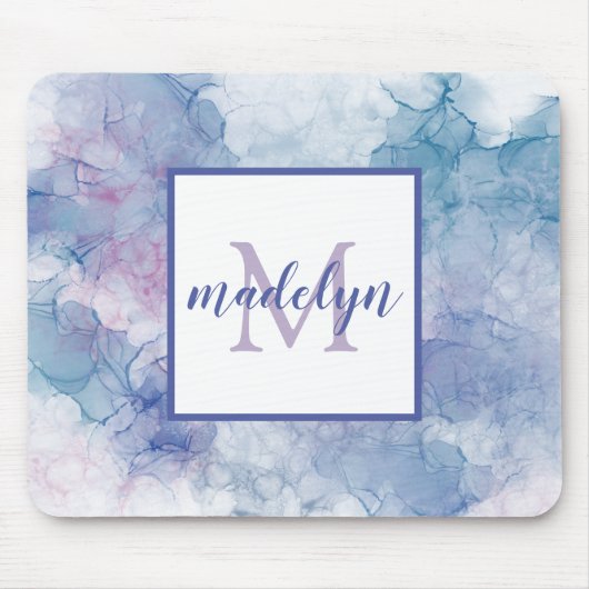 Meisjes Modern Blue Roze Waterverf Monogram Naam Muismat (Voorkant)