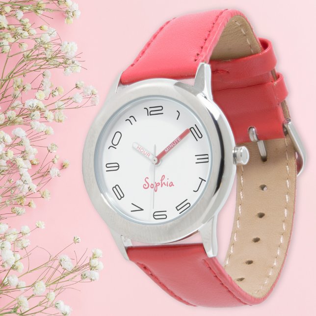 Meisjes Modern Chic Trendy Cool Red Custom Naam Ki Horloge (Girls Modern Chic Trendy Cool Red Custom Name Kids Watch)