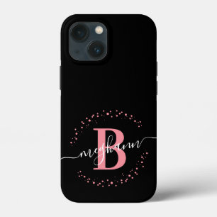 Meisjes Modern Roze Zwart Manuscript Monogramed iPhone 13 Mini Hoesje