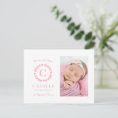 Meisjes monogram geboorte aankondigingskaarten briefkaart (Staand voorkant)