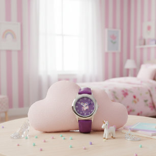 Meisjes Mooie Paarse Eenhoorn Regenboog & Naam Kin Horloge