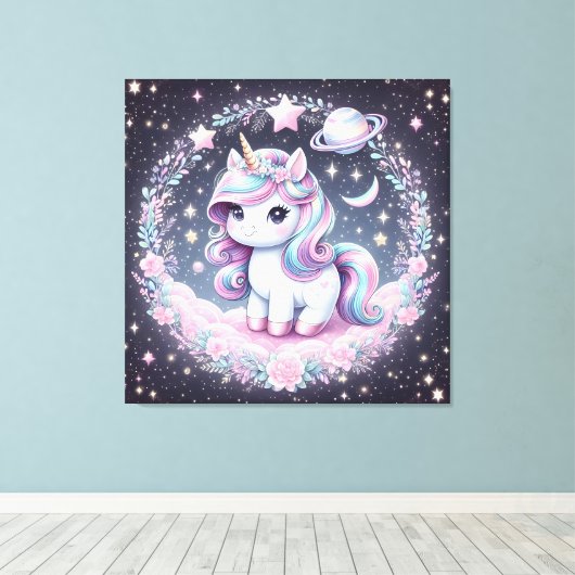 Meisjes Mooie Regenboog Eenhoorn Canvas Afdruk (Insitu (Houten vloer))