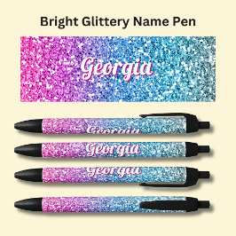 Meisjes Naam op Bright Pink & Blue Glitter Effect Zwarte Inkt Pen
