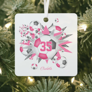 Meisjes naam voetbal blowout roze grijs metalen ornament
