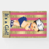 Meisjes Nautisch Roze Blauw Goud Baby shower Spandoek (Horizontaal)